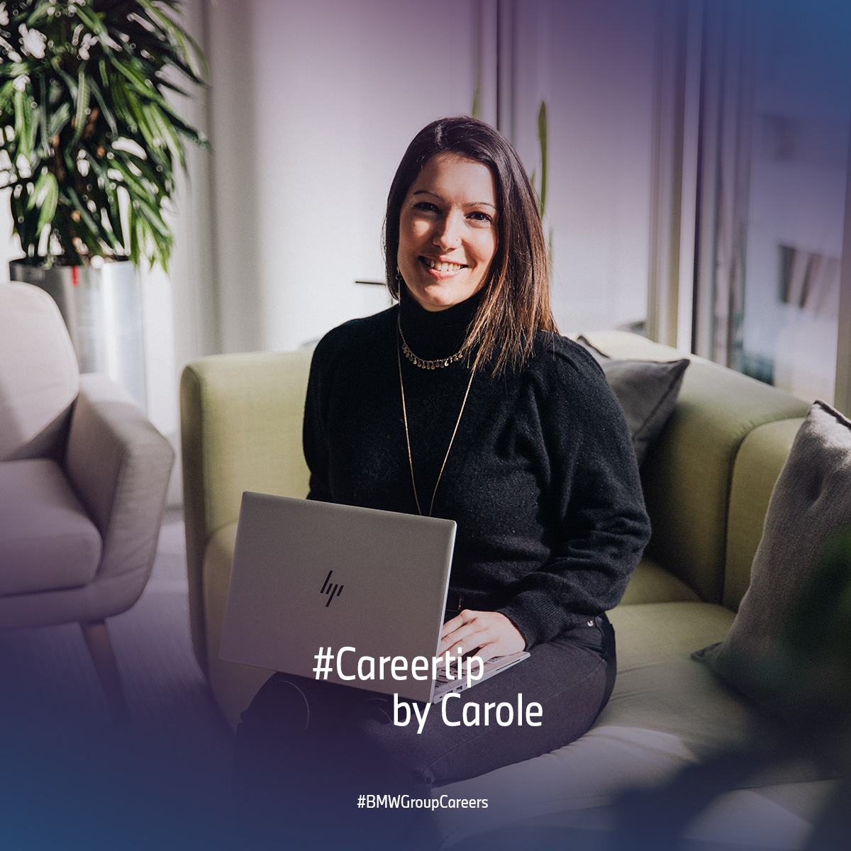BMW Group employee Carole sitting on a sofa and the text "Careertip" is shown on the image
