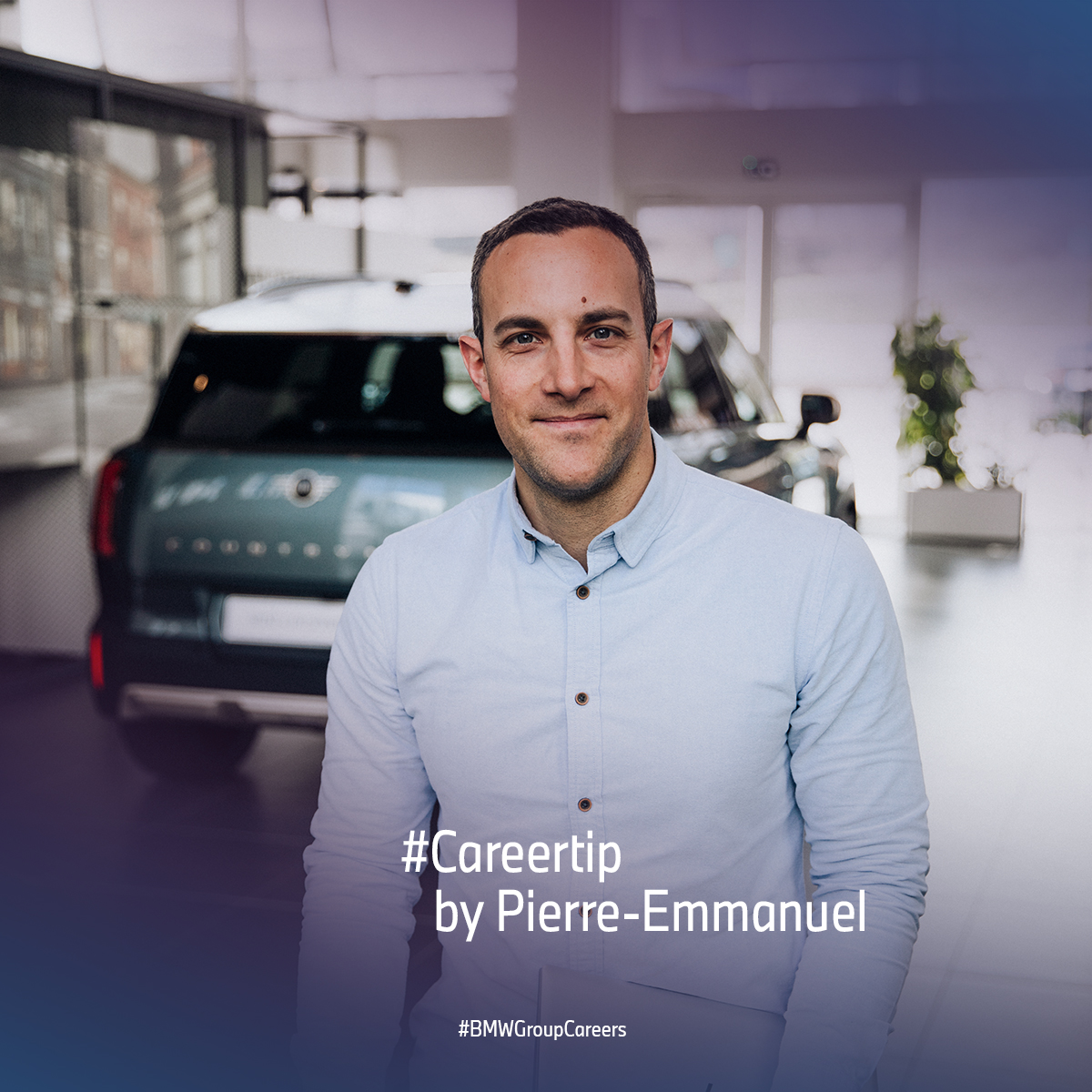 BMW Group employee Pierre in front of a MINI Countryman and the text "Careertip" is shown on the image