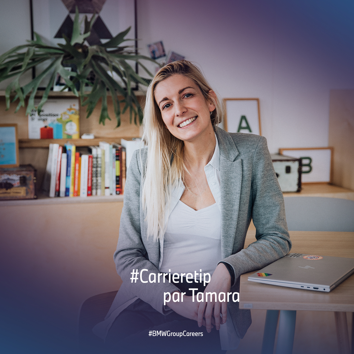 Tamara, employée du groupe BMW, dans une salle de réunion, avec le texte « Careertip » affiché sur l'image.