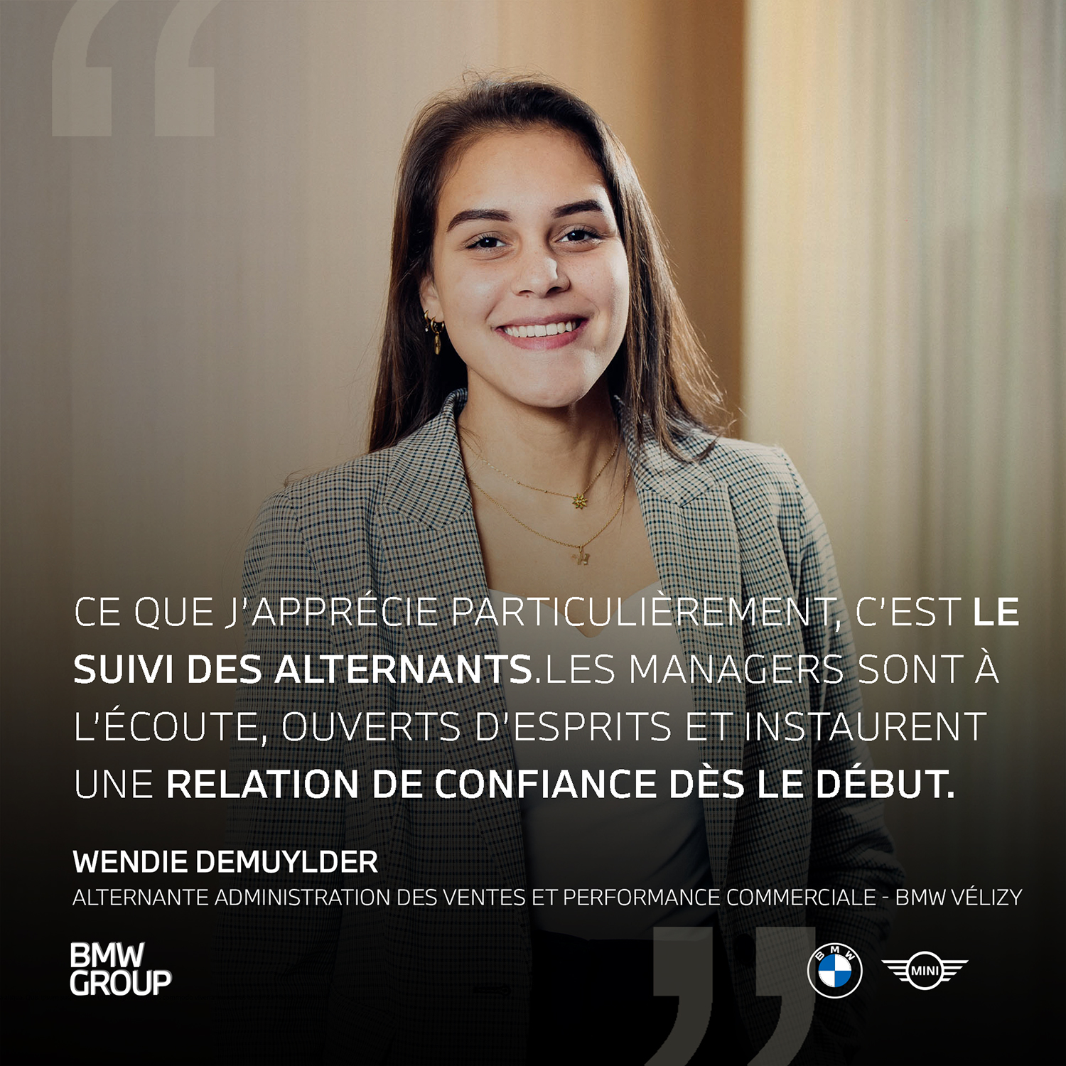 Portrait de Wendie, employée chez BMW, avec une citation d'elle sur la photo.