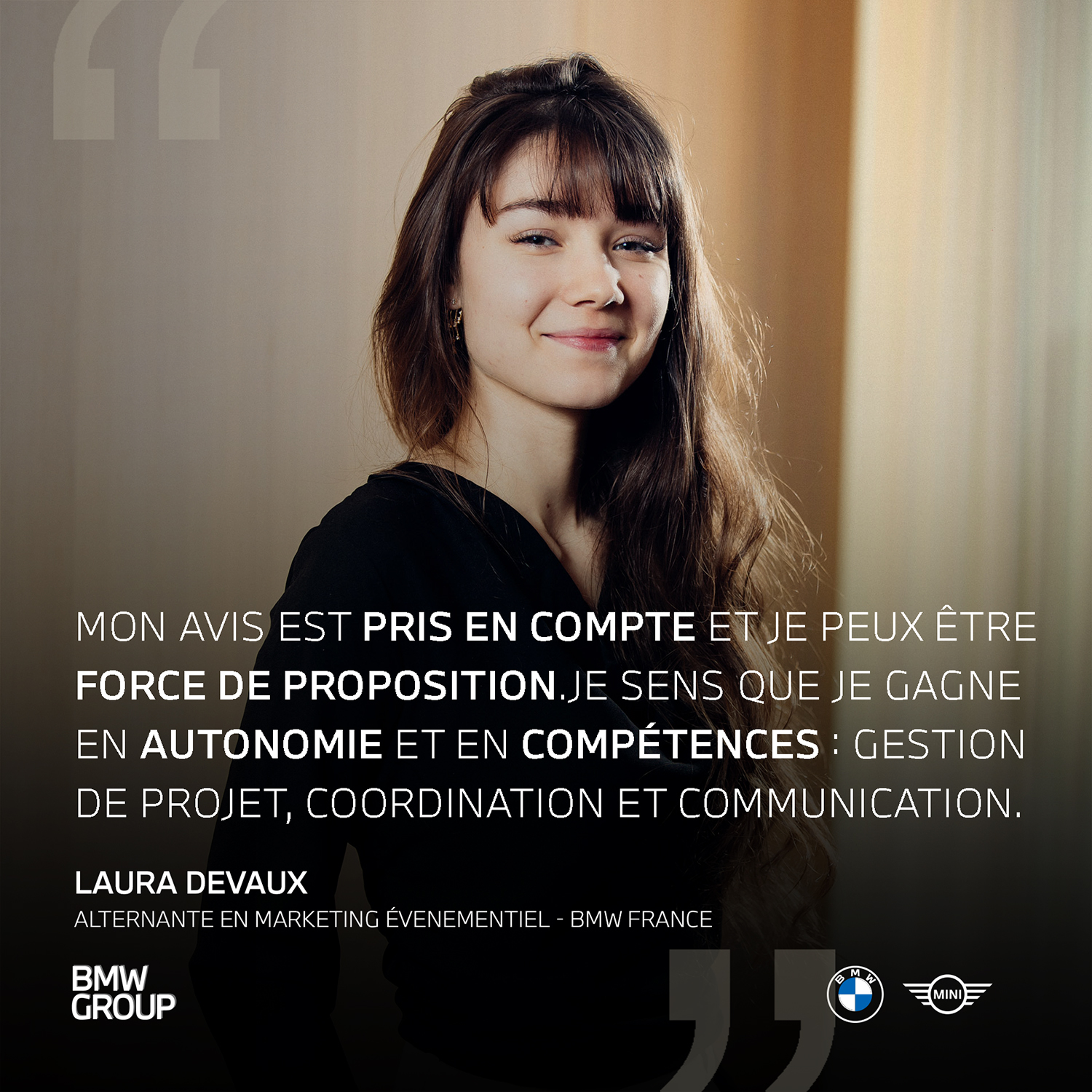 Portrait de Laura, employée chez BMW, avec une citation d'elle sur la photo.