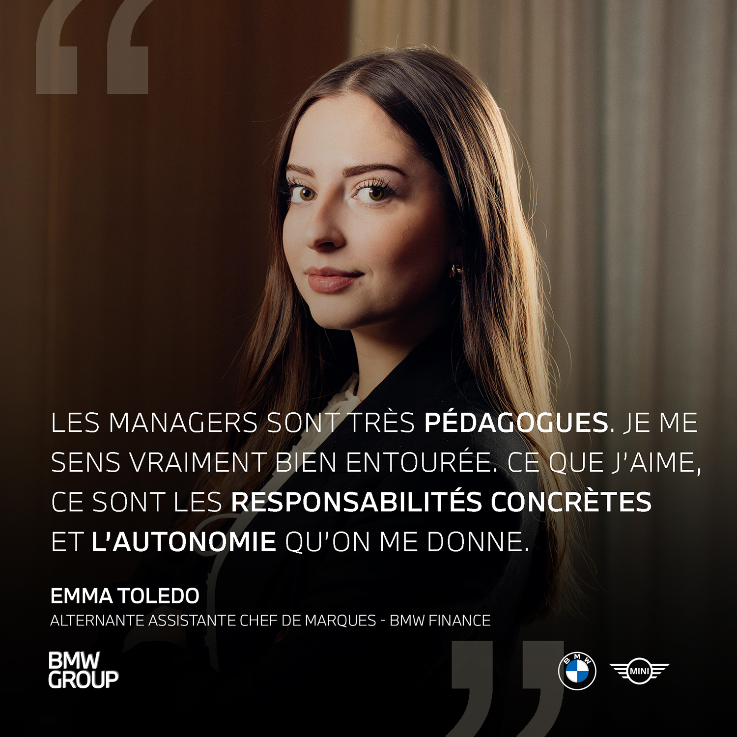 Portrait d'Emma, employée chez BMW, avec une citation d'elle sur la photo.