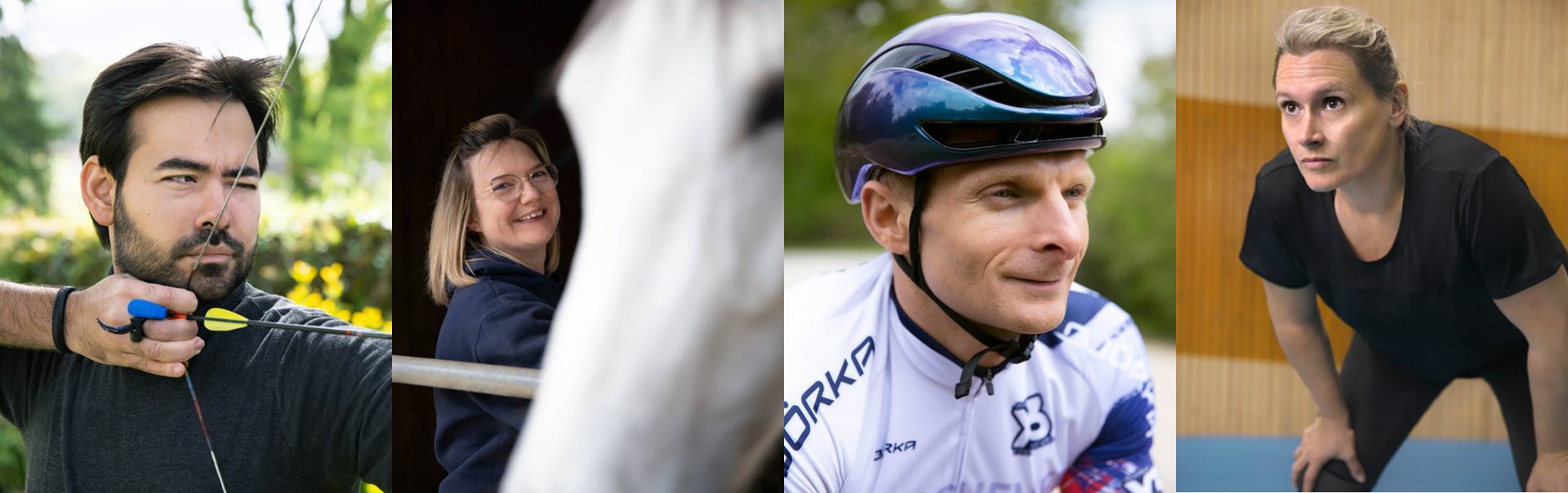 Collage de quatre employés montrant leurs loisirs et leurs passions, par exemple le tir à l'arc.