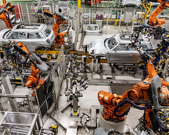 MINI logo and MINI production line.