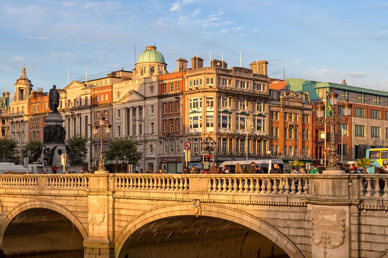 View of the city of Dublin across a river.