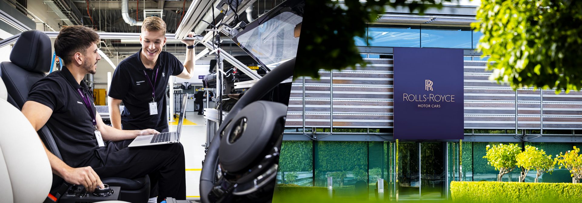 Aerial view image of plant Goodwood and two employees working in a Rolls Royce