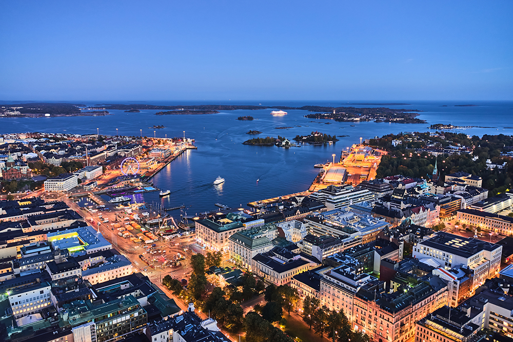 Aerial view of Helsinki Port in the autumn evening, Finland.