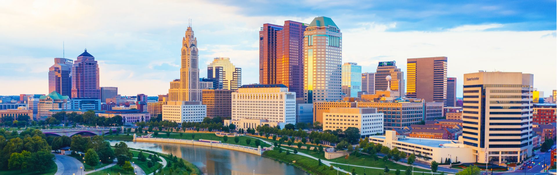 Aerial view of Downtown Columbus Ohio with Scioto river