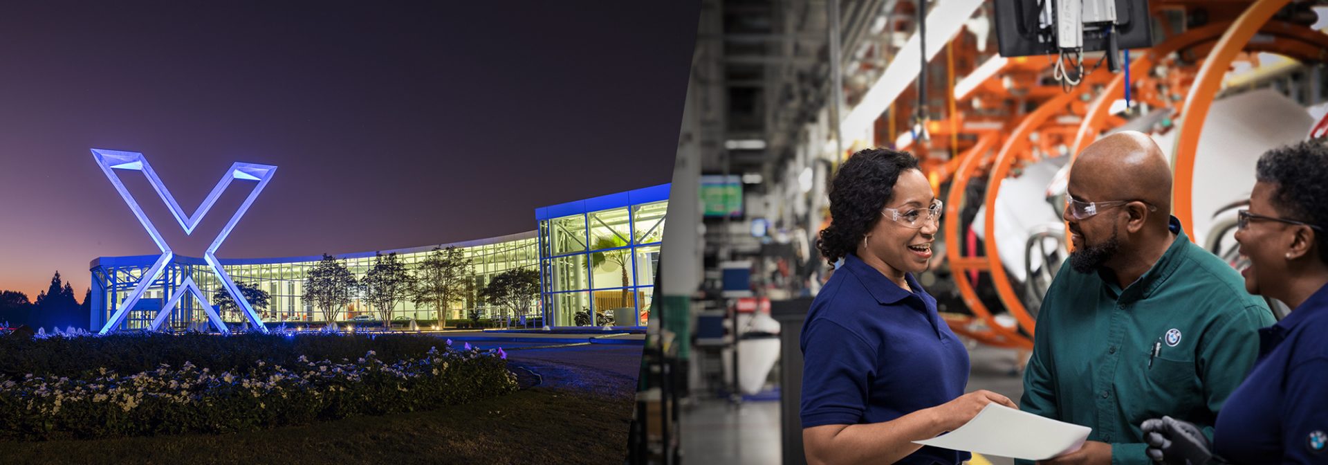 Outside view of Plant Spartanburg and three Maintenance workers in a conversation in the production hall