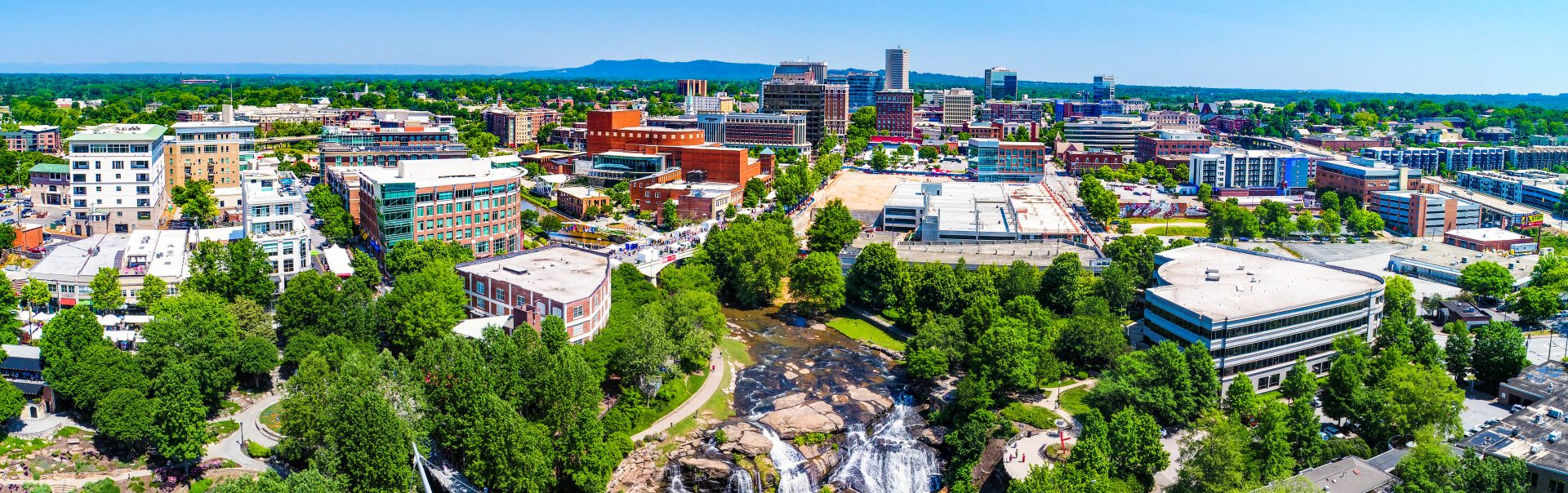 Drone city aerial image of downtown Greenville South Carolina SC.