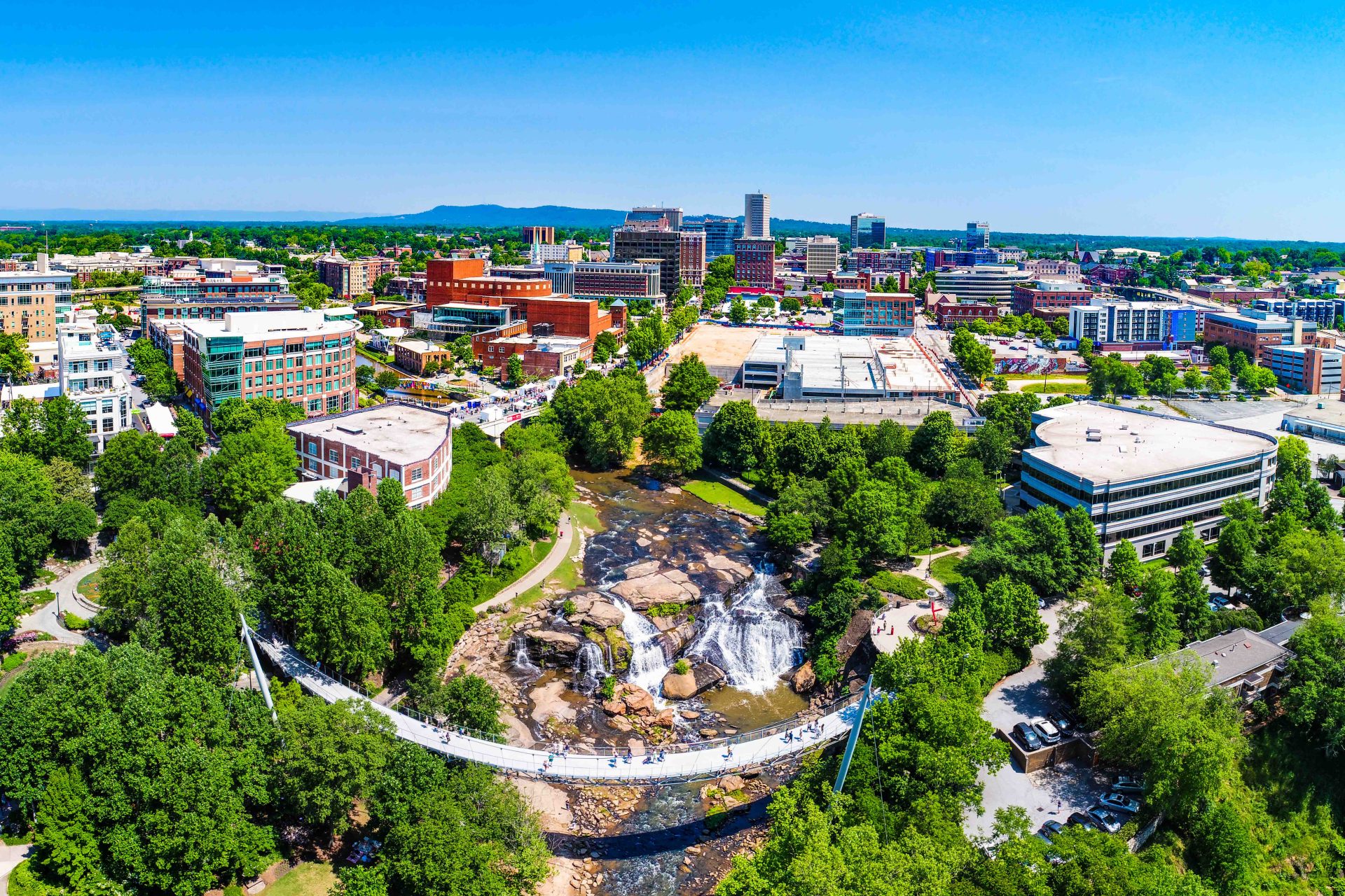 Drone city aerial image of downtown Greenville South Carolina SC.