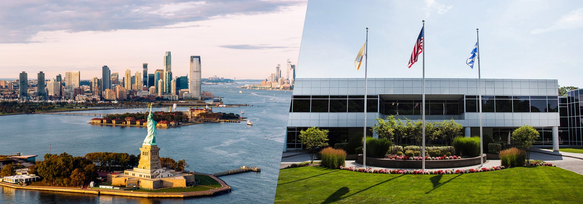Outside image of the BMW Group office in Woodcliff Lake and Statue of Liberty with New Jersey in the background