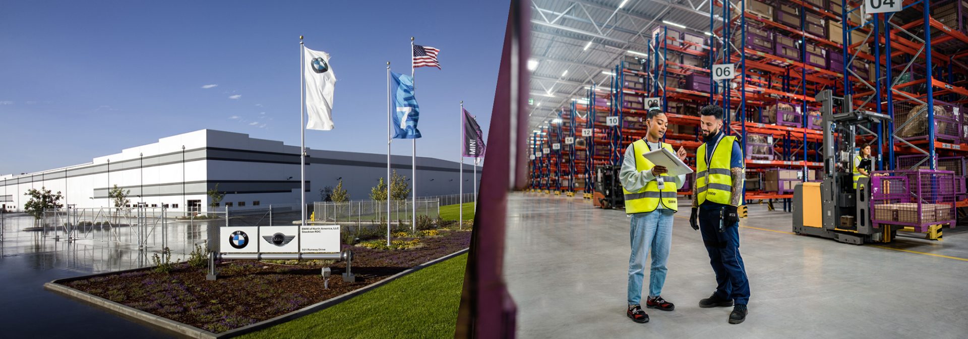 Outside image of the RDC center building in Stockton and two logistics employee in the warehouse