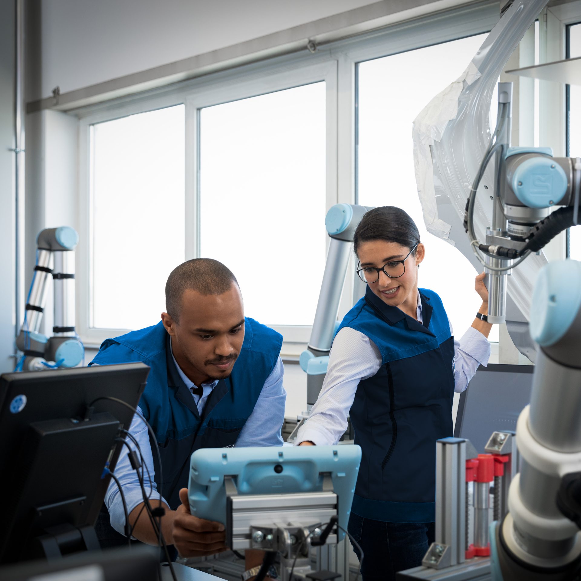 Two BMW colleagues in a test laboratory.