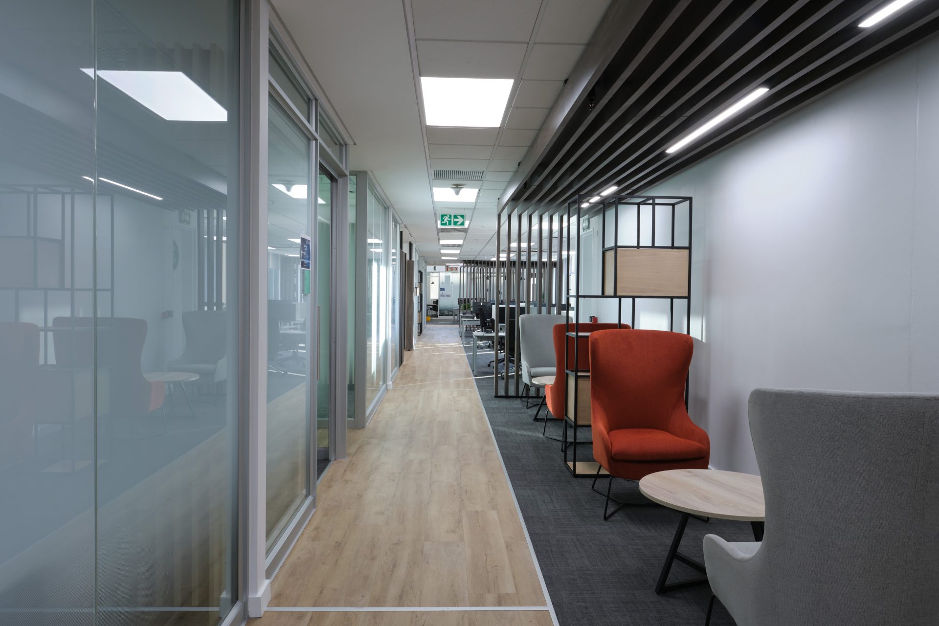 Corridor with meeting space in the IT Hub South Africa in Menlyn, Pretoria.